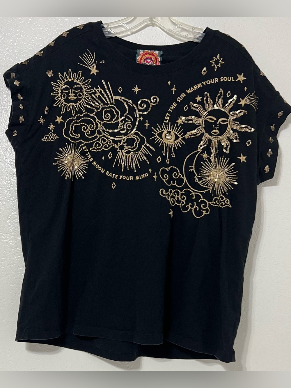 Johnny Was Los Angeles Celestial Embroidered Black Tee Moon Sun Boho Festival L